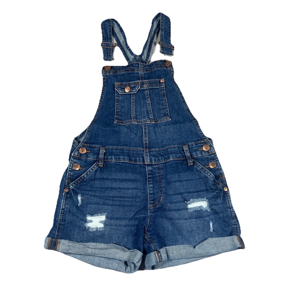 Jordache Girls Denim Short Overalls Size Large 10/12 Distressed Bib Shorts y2k